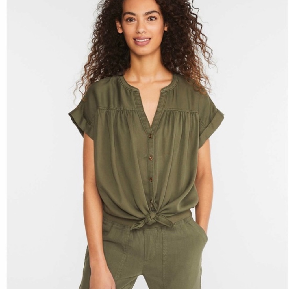 Lou & Grey ( LOFT )Twill Tie Front Shirt army green blouse
